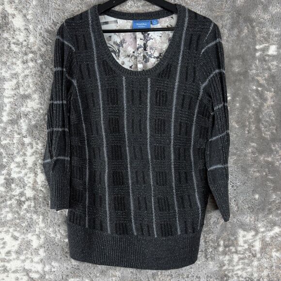 Simply Vera Wang Size M Striped Floral Shimmer Metallic Sweater Gray 3/4 Sleeve - Picture 3 of 9